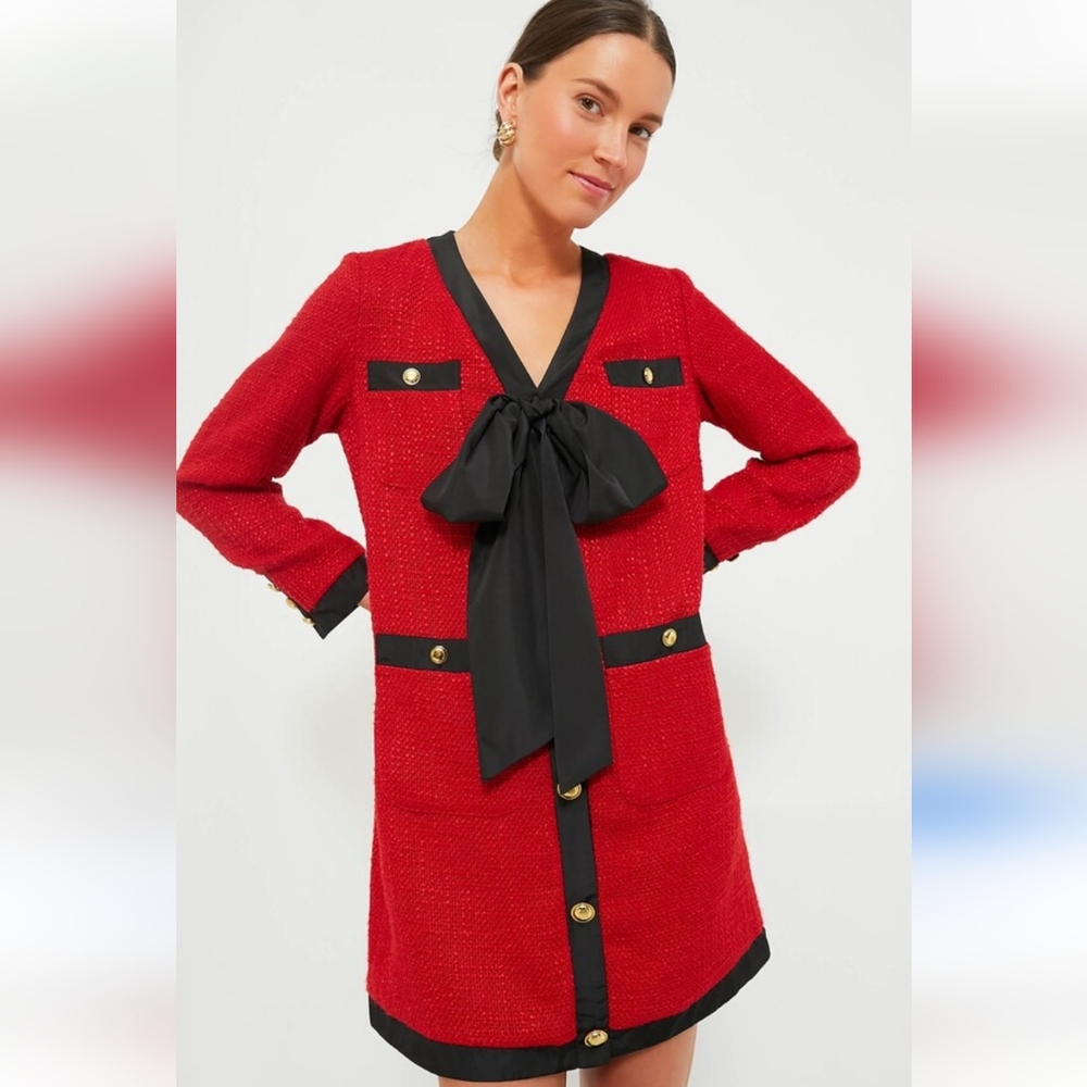 Pomander Place Margot Tweed Dress Red and Black Bow Multiple Sizes